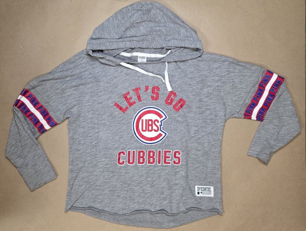 VS PINK Chicago Cubs MLB Hoodie Women SZ L Gray Bedazzled Rhinestone 2016 Rare